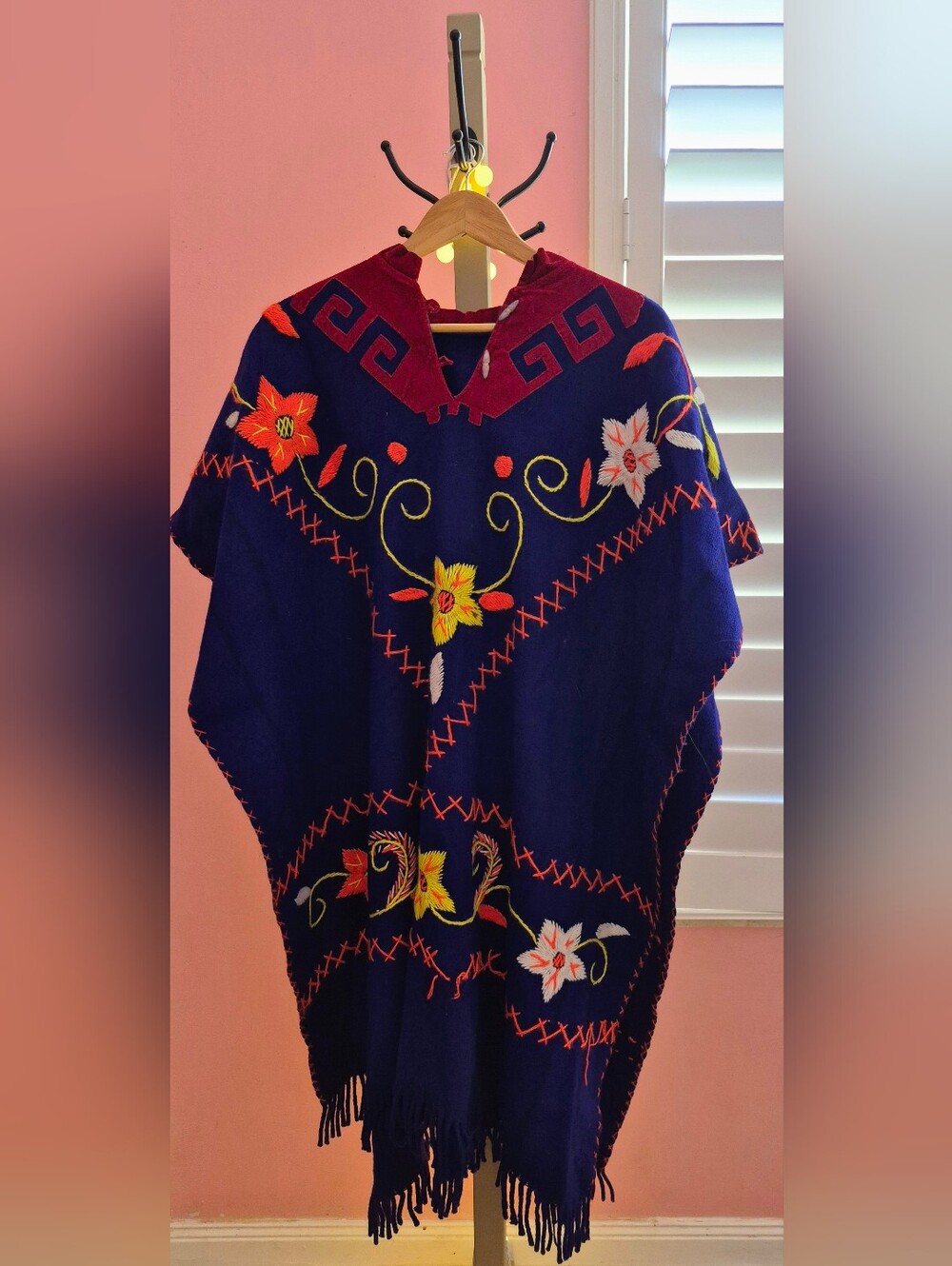 Vintage 1970s Mecican Wool Embroidered Navy Floral Poncho.